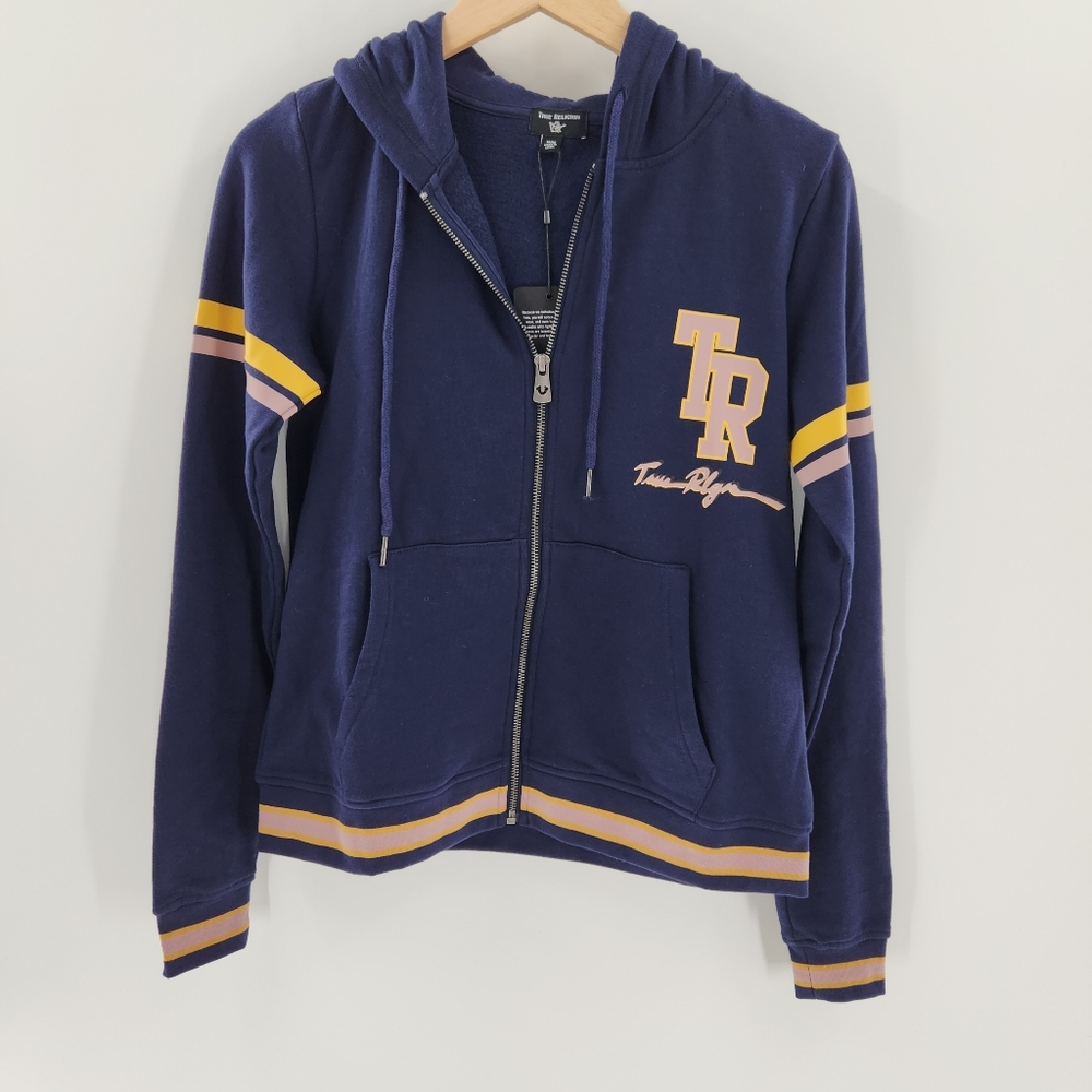 True Religion Ace Blue Collegiate Zip Up Hoodie Womens Size Medium
